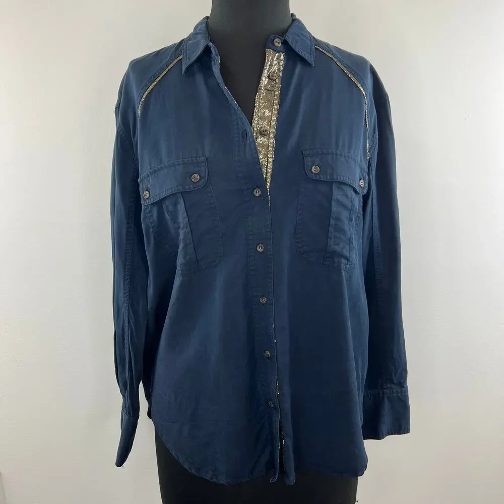 Free People Blue Off Campus Button-Down Long Sleeve Tencel Women's Shirt Size S